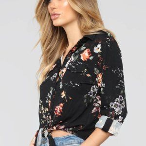Floral cropped tie front top